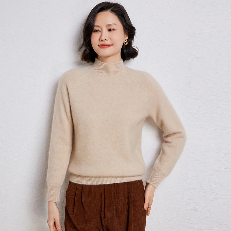 Maglione lavorato a maglia in lana merino al 100% Pullover larghi a collo semi-alto da donna Camicetta addensata a maniche lunghe alla moda Nuova camicia che tocca il fondo