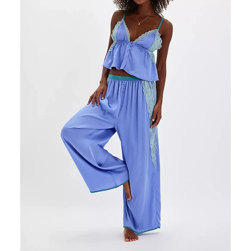 HEZIOWYUN Womens Y2k Satin Silky Set Floral Lace Patchwork Ruffle Babydoll Cami Top + Button Elastic Waist Long Pants Loungewear