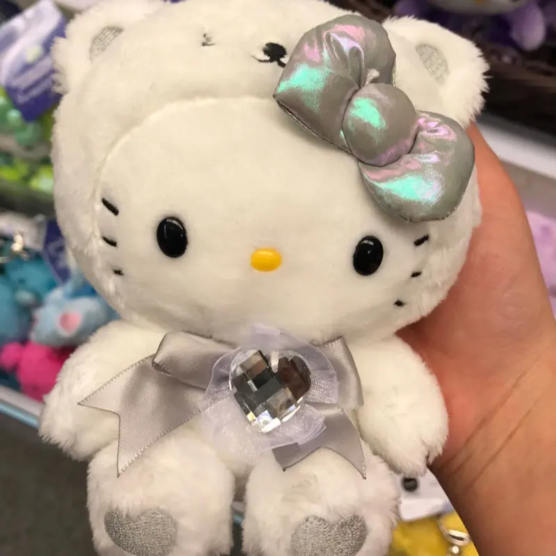 Llaveros de peluche de Hello Kitty, serie de cumpleaños de arcoíris, peluches coloridos, colgante relleno, gema, lazo, llaveros de peluche de gatito, cumpleaños g