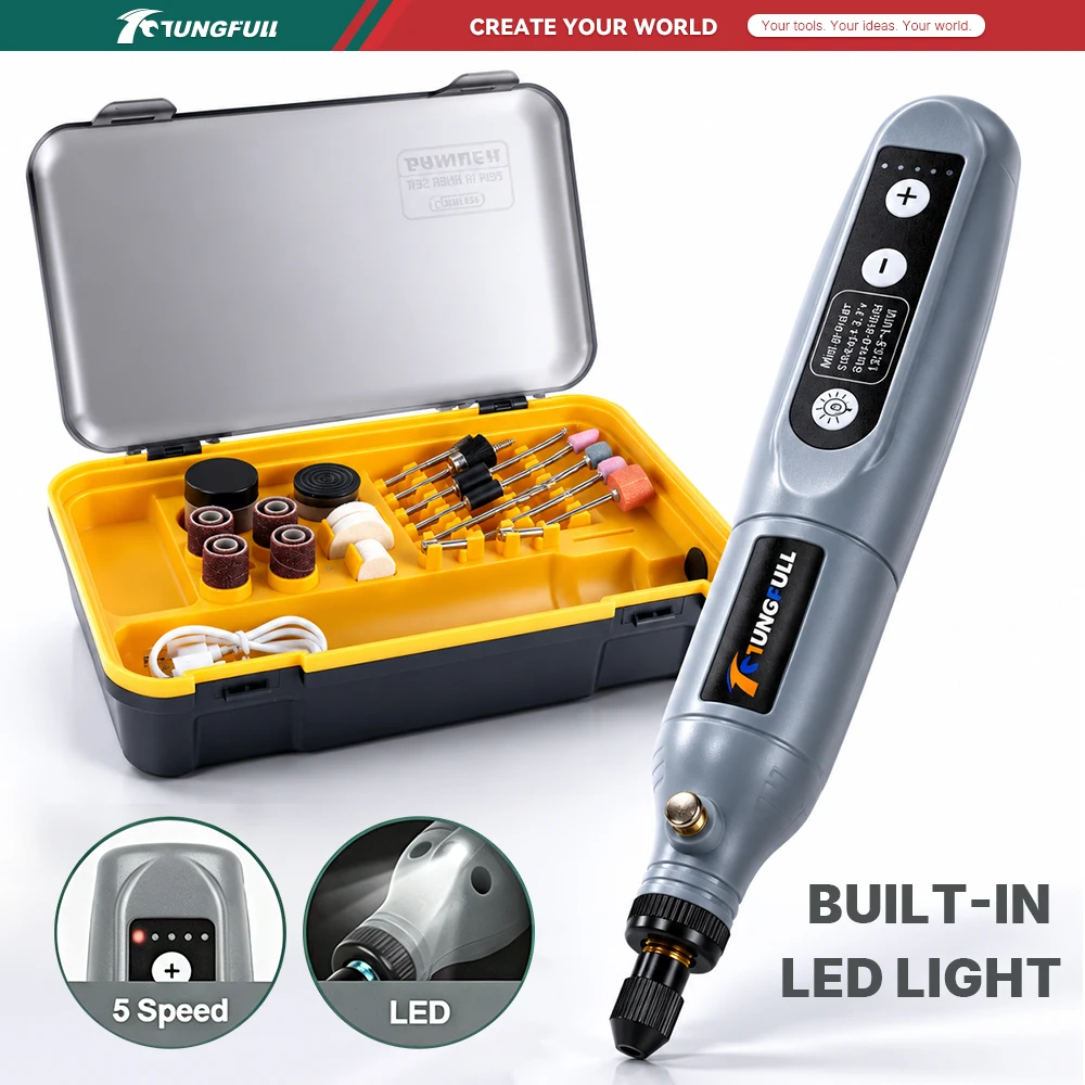 TUNGFULL5 Speed Cordless Mini Rotary Tool Kit USB Rechargeable Grinder Pen Set For DIY Polishing Drilling Carving Craft Work