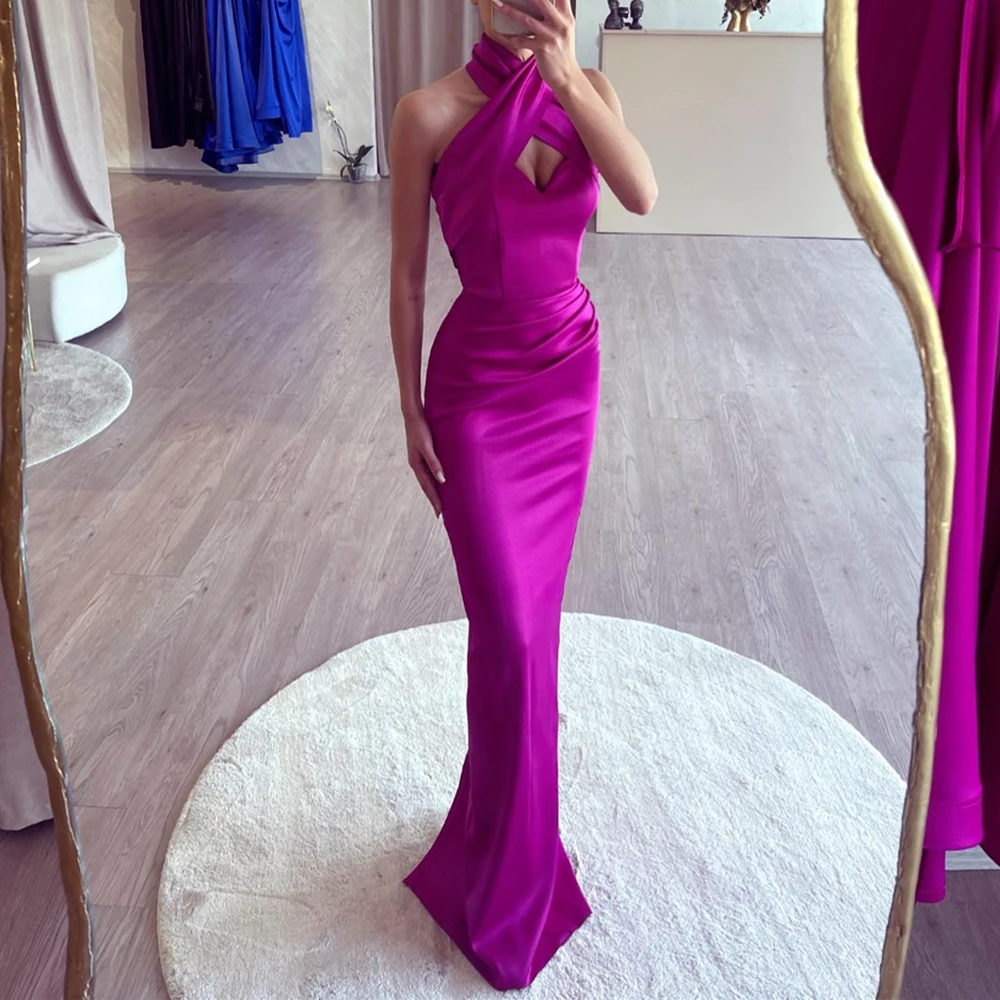 

Customized Temperament Pleat Halter Floor Length Straight Evening Dress High Quality Satin Sleeveless Sweep Train платьевечернеe