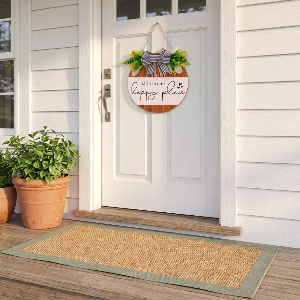 30cm 11.81in Wooden Welcome Sign Bowknot Artificial Flower Plant Hanging Decoration Round Shape American Country Style