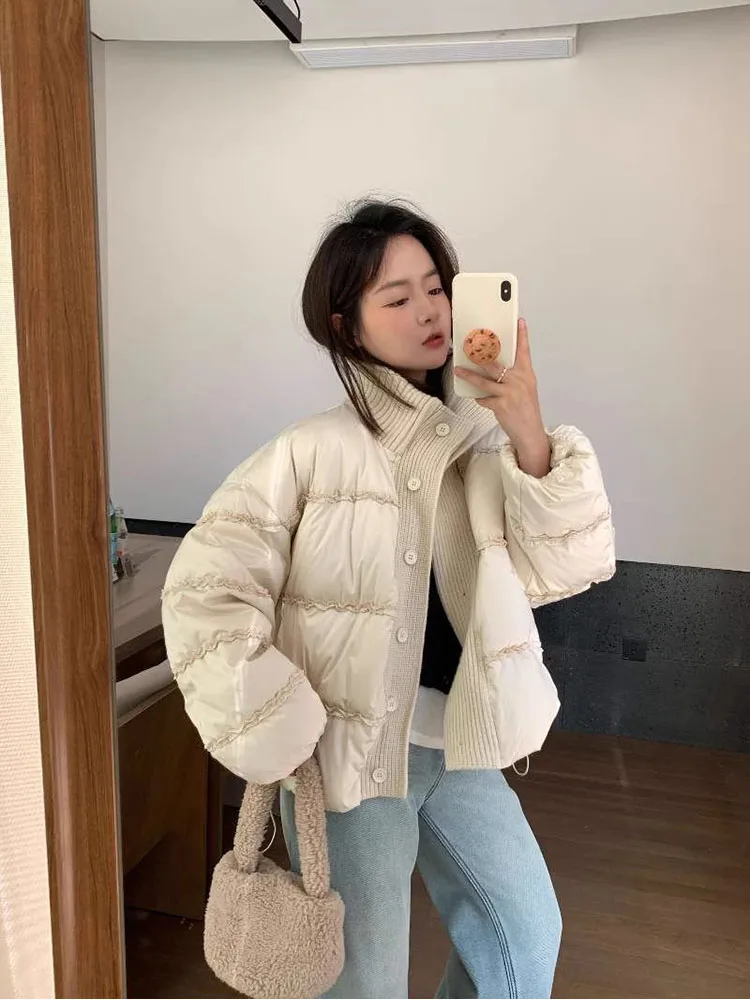 겨울 신상 스탠드 칼라 스플라이싱 니트 다운 재킷 여성용 숏 패션 만능 출퇴근용 두꺼운 따뜻한 코트