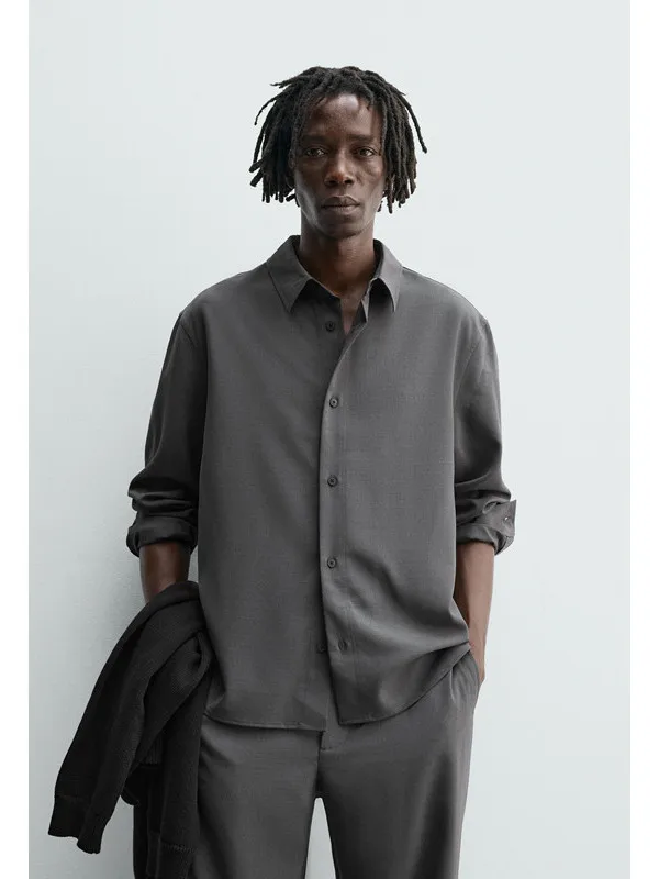 

Casual Loose Fit Long Sve irt Men's Spring Autumn New Sle Pure Color Drapey Collar Button up Polyester Fiber irt