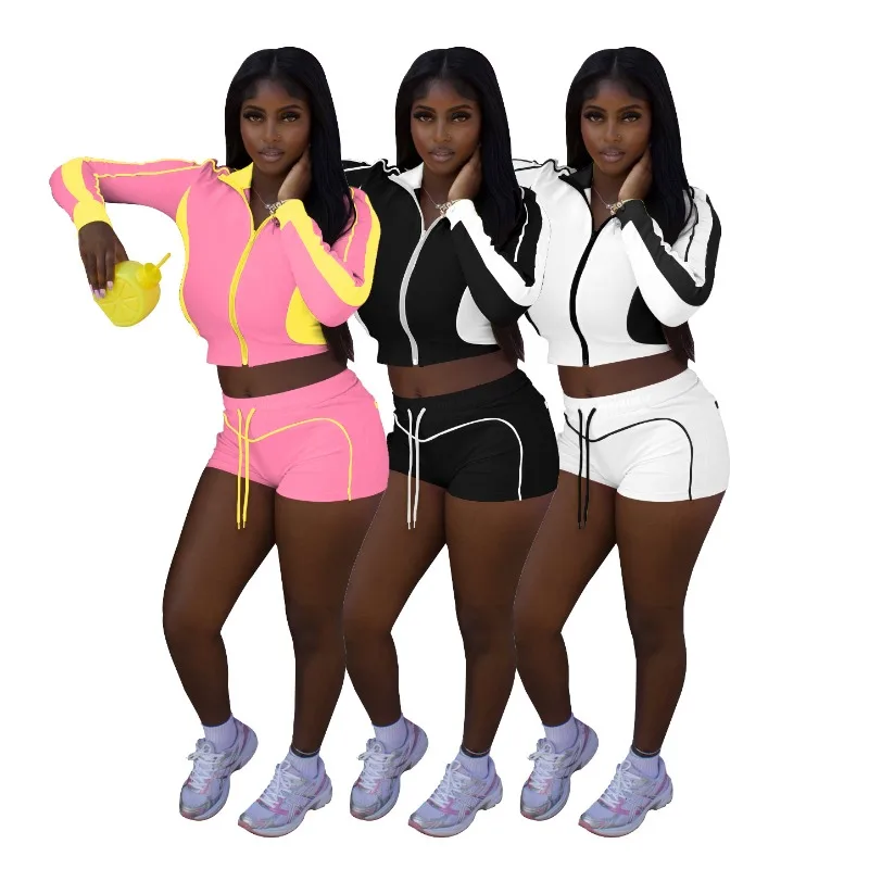 

Fitness Women 3 Piece Set Striped Zipper Fly Sweatshirts Skinny Biker Shorts Matching Set 2025 Autumn New Popular Streetwear