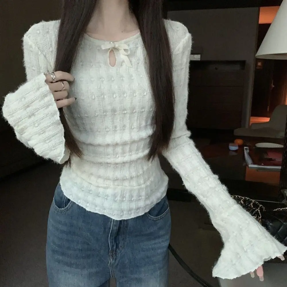 

Милая футболка с круглым вырезом и длинными рукавами, рубашка с рукавами-колокольчиками, облегающий пуловер, шикарный осенне-зимний вязаный топ, осень