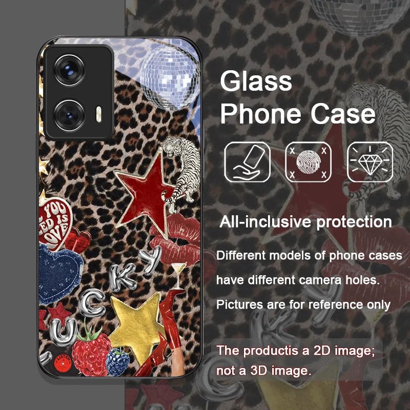 Strawberry Bow Leopard Print Tempered Glass Phone Case for Motorola Moto Edge 50 Fusion 40 Neo 30 Pro G85 G84 G35 G55 G04 Covers view 2