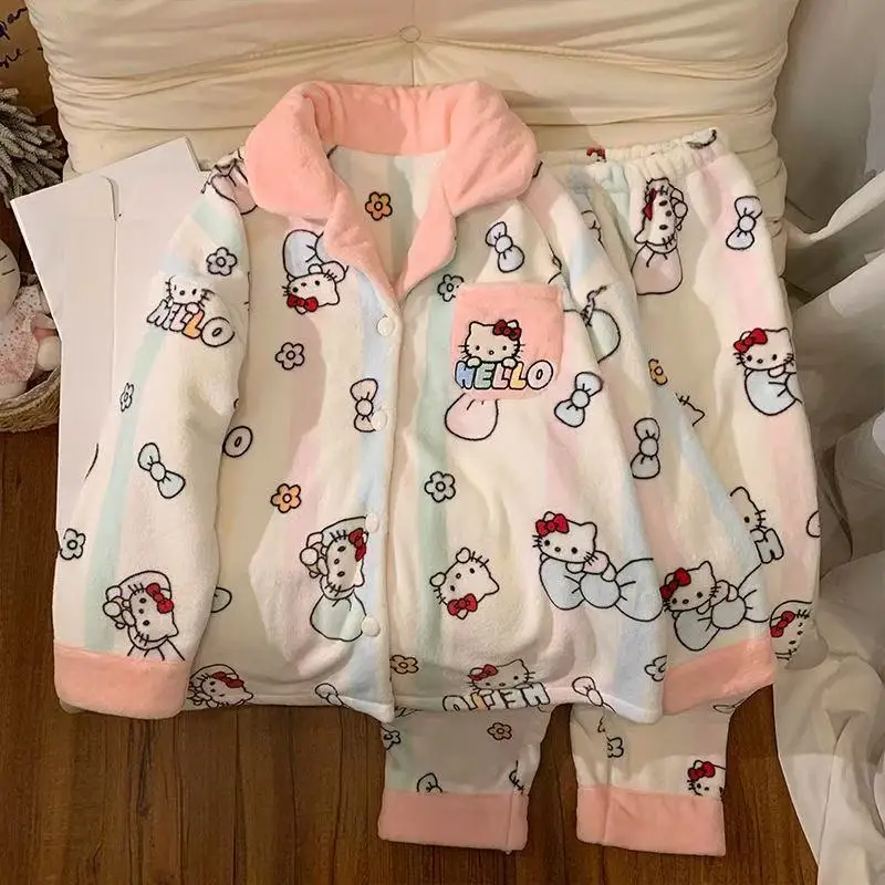 

Женский плюшевый пижамный комплект из 2 предметов с рисунком «Hello Kitty», Kawaii Pochacco, зимняя ночная рубашка, утепленная теплая домашняя одежда с героями мультфильмов, мягкая, милая