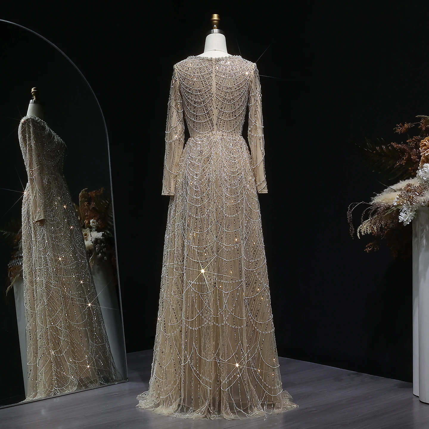 Sharon Said Luxuriöses Dubai-Abendkleid mit grünen Perlen und langen Ärmeln, Saudi-Arabisches Damen-Hochzeitskleid, formelle Partykleider SS625, maßgeschneidert – Detail 33