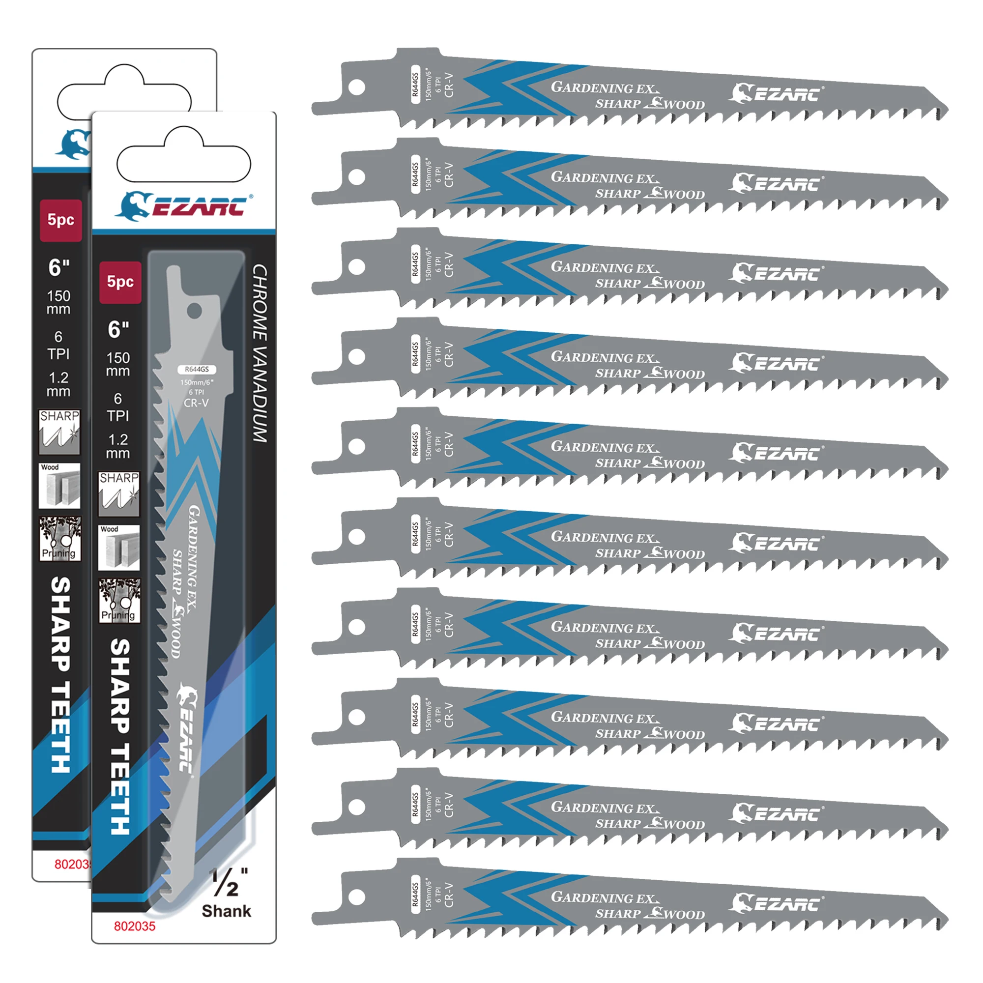 

EZARC 6inch(150mm) Wood Pruning Reciprocating Saw Blades 10pcs 6TPI CRV Sharp Ground Teeth Sabre Saw Blade for Wood Tree Plastic