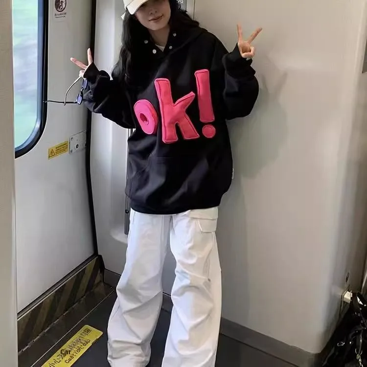 American Style Letter Print Loose Fit Cotton Polyester Blend Comfortable Casual Wear Couples Oversized Hoodie Sweatshirt