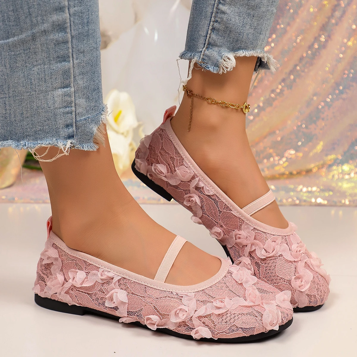 Luxury Lace Flower Pink Ballet Flats Women Spring 2026 Breathable Soft Sole Mary Jane Shoes Woman Slip On Non-Slip Casual Pumps