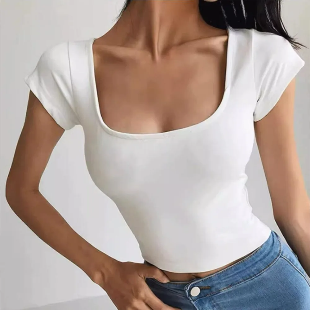 American Retro Plain Color Pullovers Square Collar Crop Tee Skinny CHIC Slim Knitwear Short Sleeve T-shirts Crop Top 8 colors