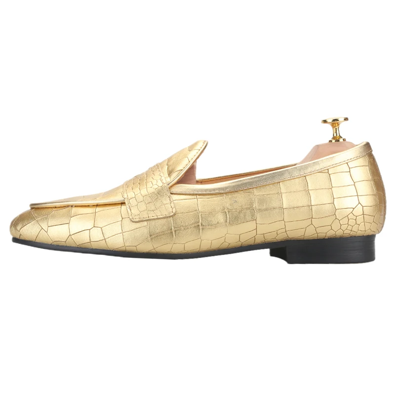 Piergitar Imported Gold Color Crocodile Embossed Leather Men Penny Loafers For Fashion Show Handmade Slip-On Smoking Slippers