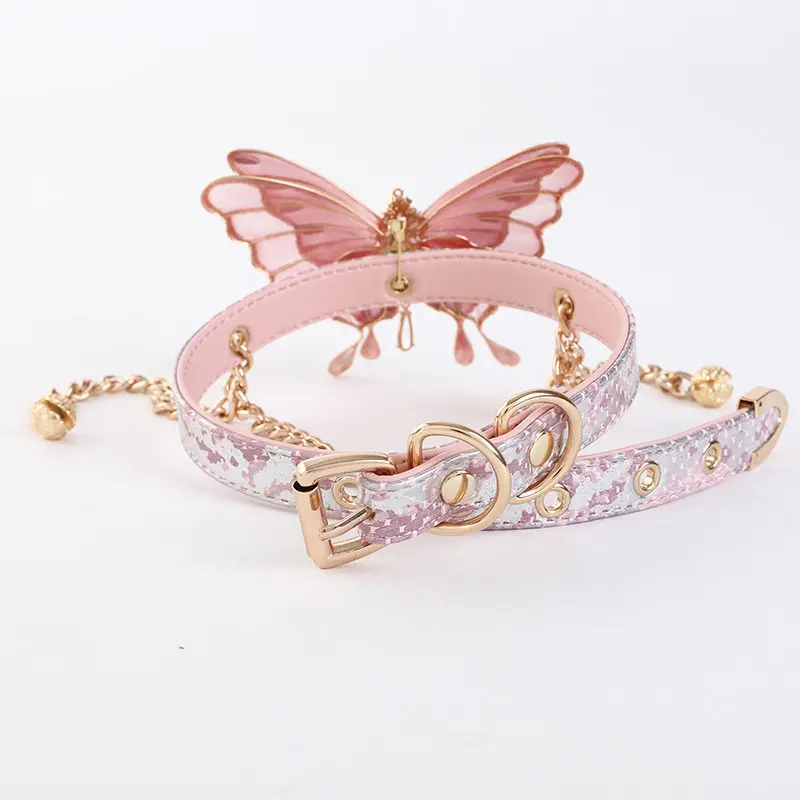 PUPPYchoker Pink Butterfly Collar for Women - Small-Sized Genuine Leather Dog Party Decoration Mask