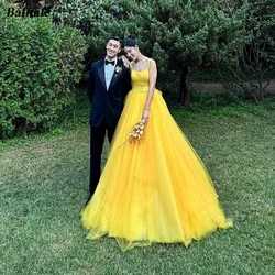 Bafftafe Fairy Yellow Long Prom Dresses Korea Customized Garden Party Evening Gowns Scoop Bow Back Formal Bride Dress Photoshoot