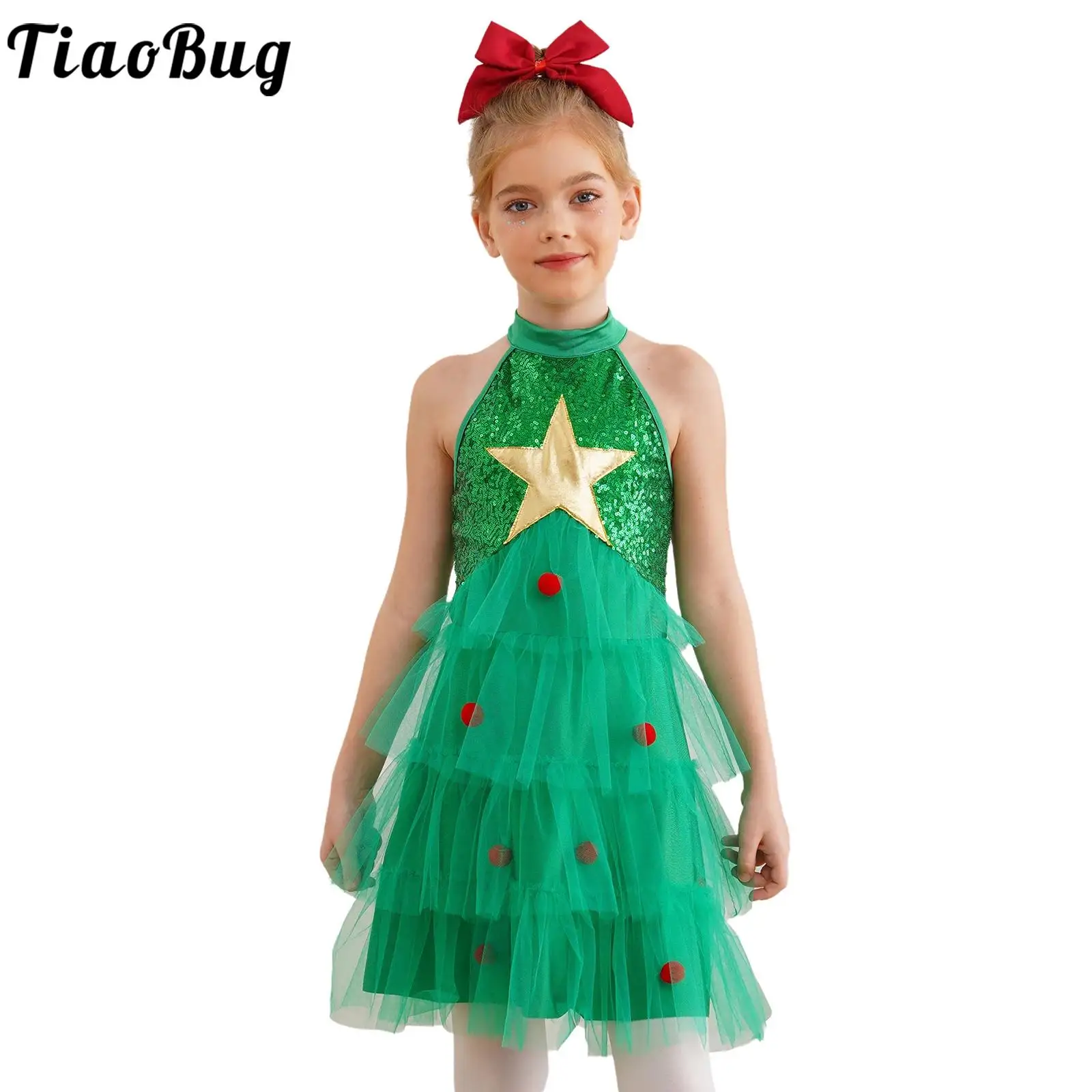 Kids Girls Christmas Tree Costume Sleeveless Sequins Pompoms Tiered Mesh Tutu Dress Carnival New Year Xmas Party Dance Dresses