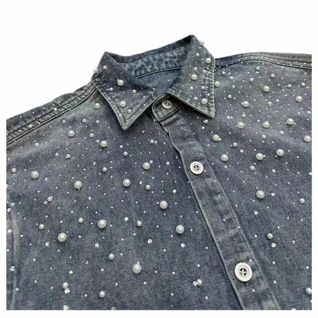 خريف جديد النمط الياباني الأصلي الدنيم قميص طويل الأكمام غسلها خمر اللؤلؤ الثقيلة التطريز حجر الراين سترة للجنسين #5