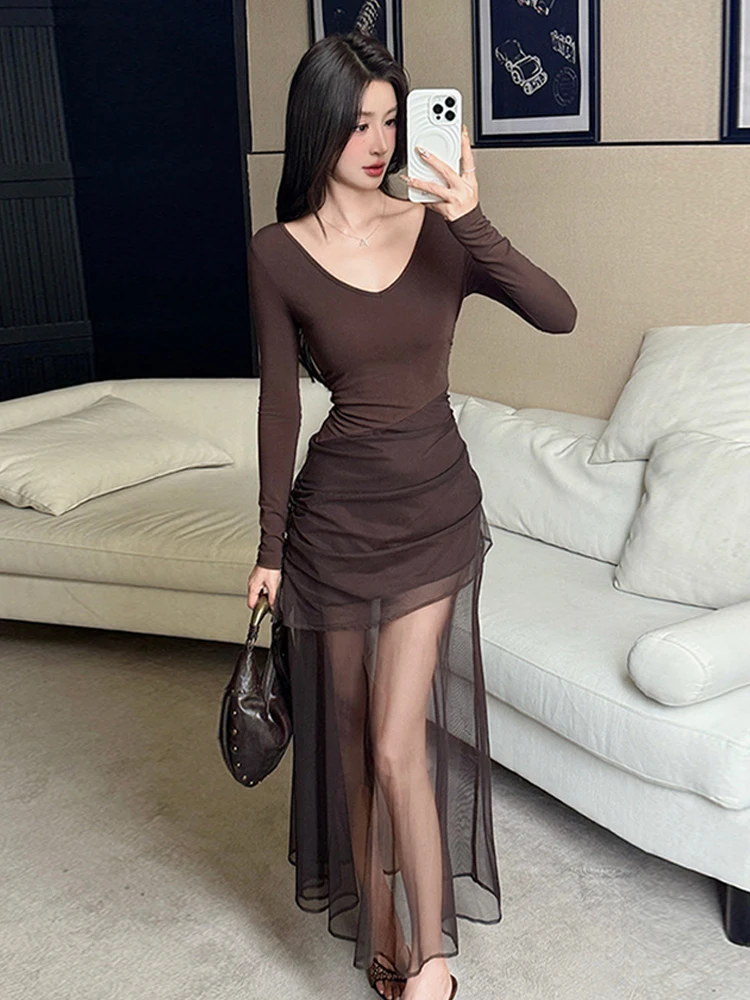 Frauen Kleidung Solide Mesh Sheer Sexy V-ausschnitt Schlank Fischschwanz Lange Kleid Elegante Dame Mode Party Club Prom Vestido Robe Casual Neue