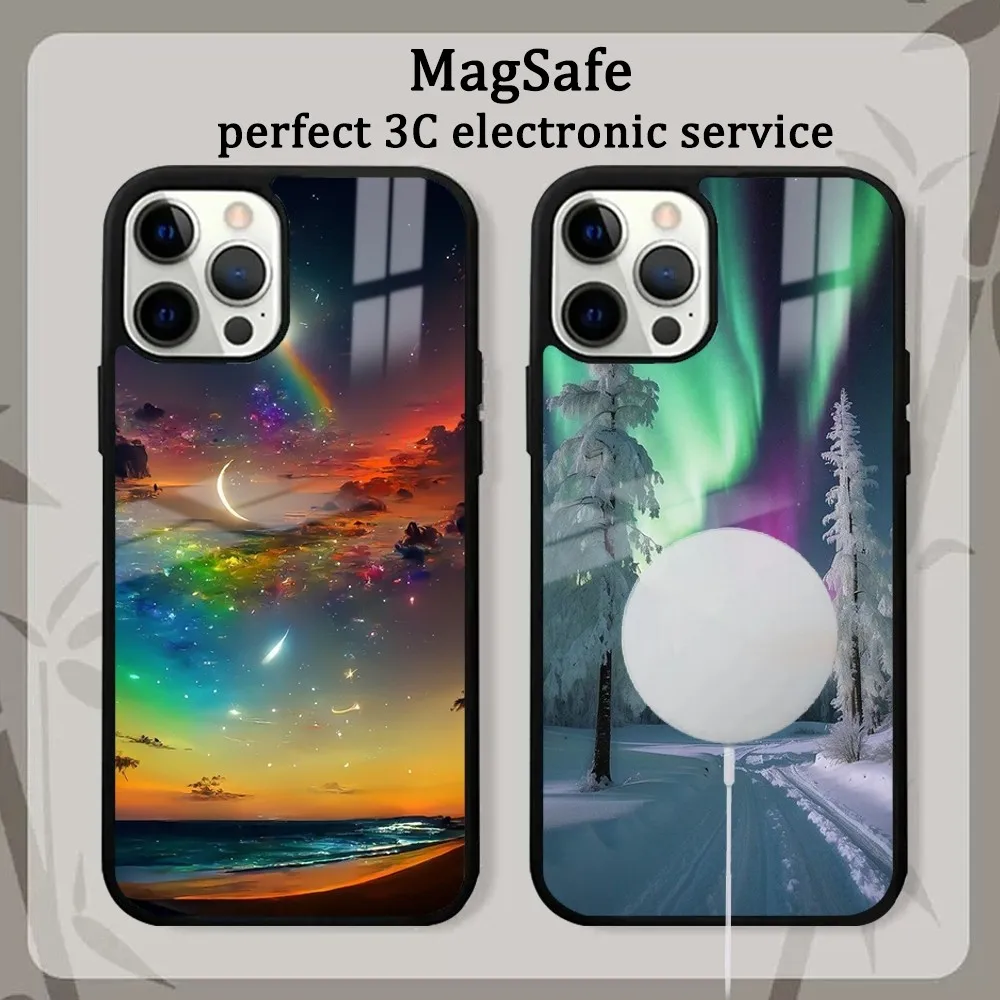 Beautiful northern lights Phone Case For iPhone 15 14 13 12 11 Pro Max Plus Mini Mirror Magnetic Cover