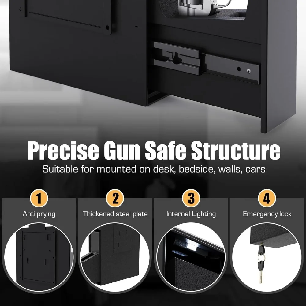 Biometric Slider Gun Safe for Handgun,Hidden Fingerprint Gun Safe Box for Home Nightstand Desk Bedside,Wall Mounted Lock Quickly