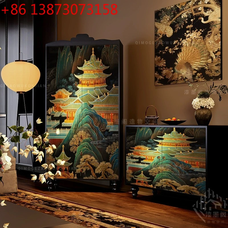 

French medieval style painted landscape wardrobe, living room solid wood locker, vertical cabinet