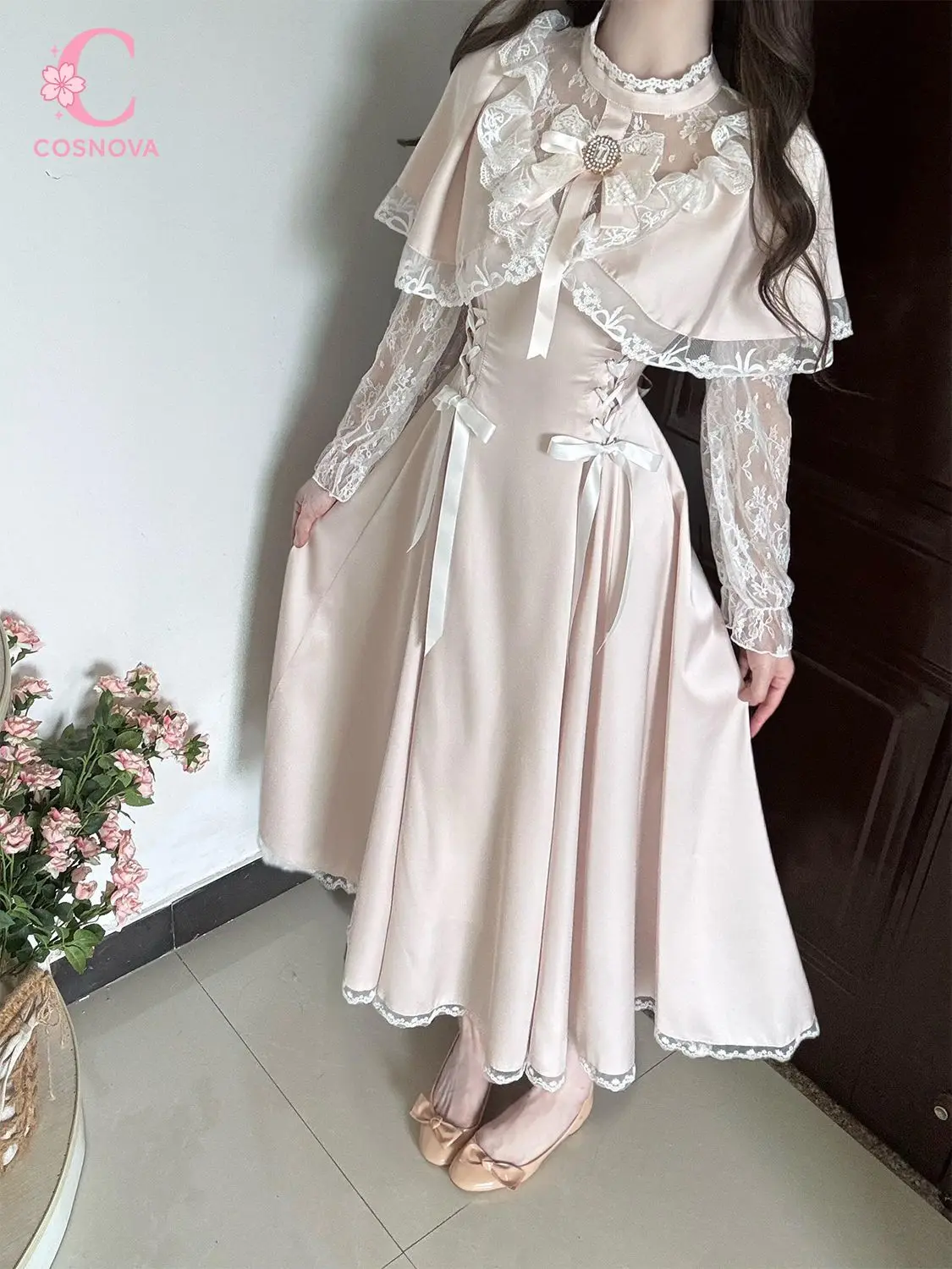 Sweet Elegant Vintage Lolita Dress Women Lace Capelet Long Sleeve Bow Lace Up Ruched Waist Slim Fit Long Dress Elegant Outfit