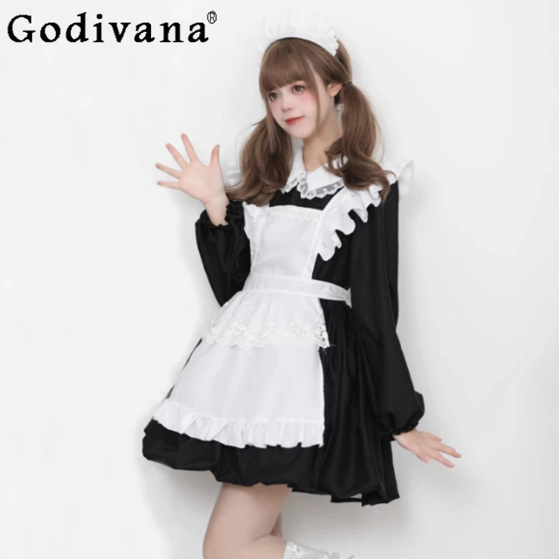 

New LOLITA Maid Cute Girl Lace Ruffles Peter Pan Collar Dress Fashion High Waist A-line Long Sleeve Sweet Princess Dresses