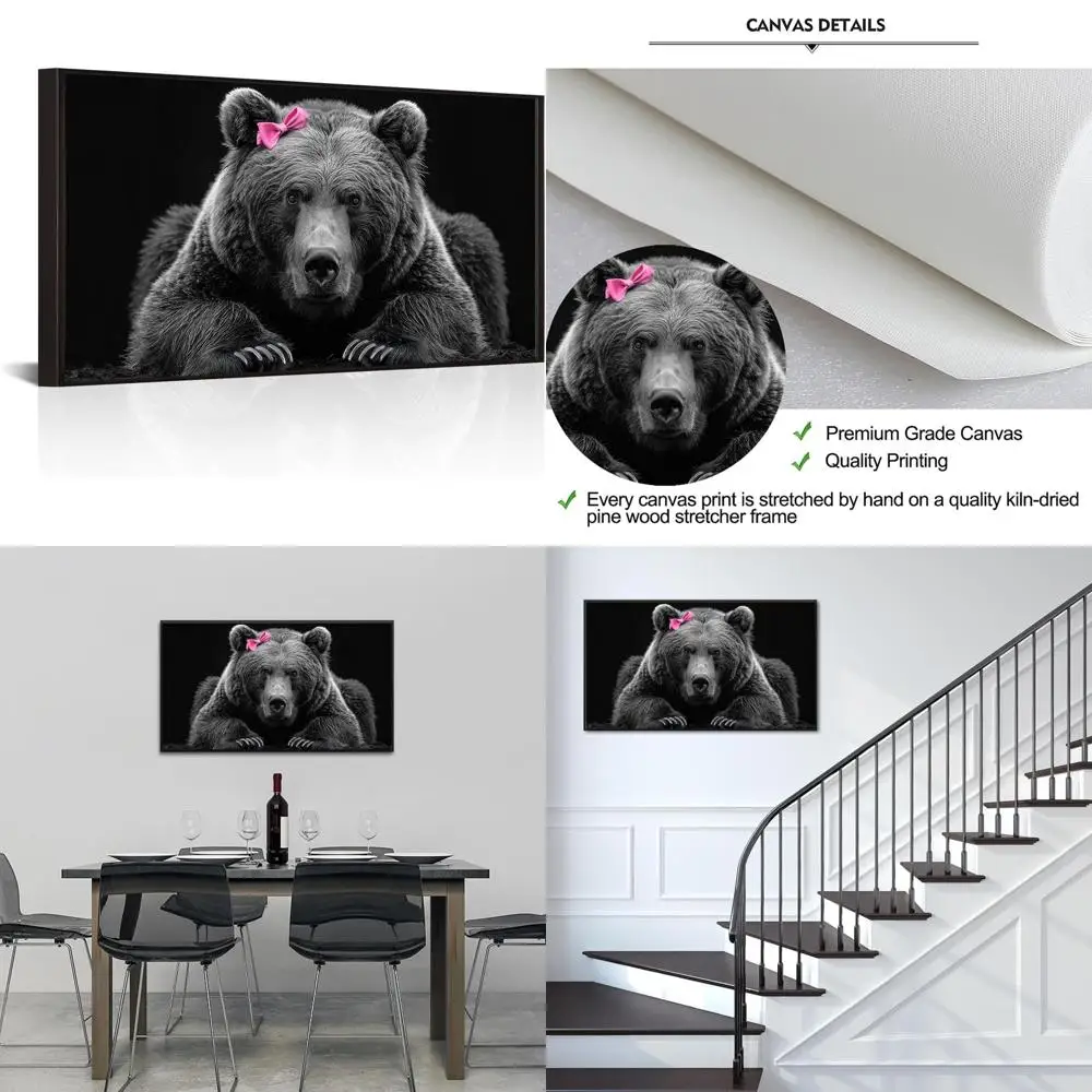 

Деревенский черно-белый медведь Art — холст 20x36 в рамке для дикой природы для кабины, фермерского дома или охоты с розовым бантом