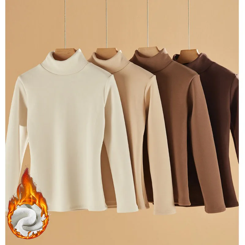 Autumn Women Fleece‑Lined Turtleneck Long‑Sleeve Base Layer Top Elegant Versatile Wearable‑Inside‑&‑Out Casual Thermal Top