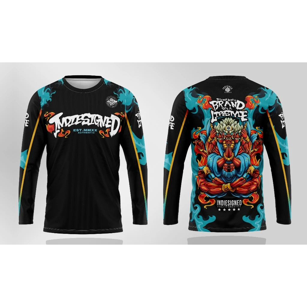 Japanese Ukiyo-e Style Demon-print Long-sleeve MTB Jersey, Quick-dry Mesh Motocross Racing Top, Flaming Street Art Print.