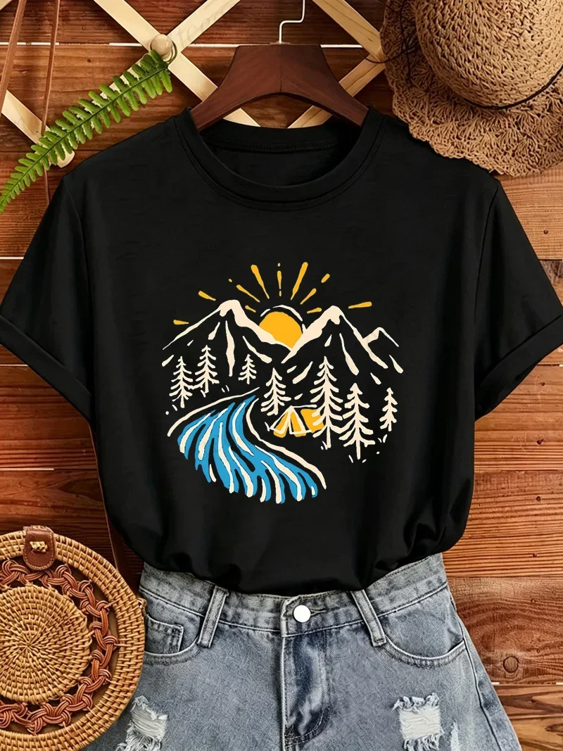 2026 Women Summer Casual T‑Shirt Mountain Sun River Camping Graphic Short Sleeve Tees Female Vintage Hiking Adventure Tops Blouse