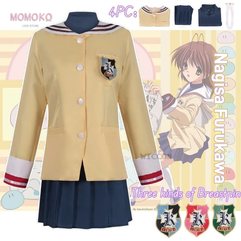 Nagisa Furukawa Clannad Anime Fujibayashi Kyou Sakagami Tomoyo Cosplay Costume Embroidery School Uniform Skirt T-shirt Breastpin