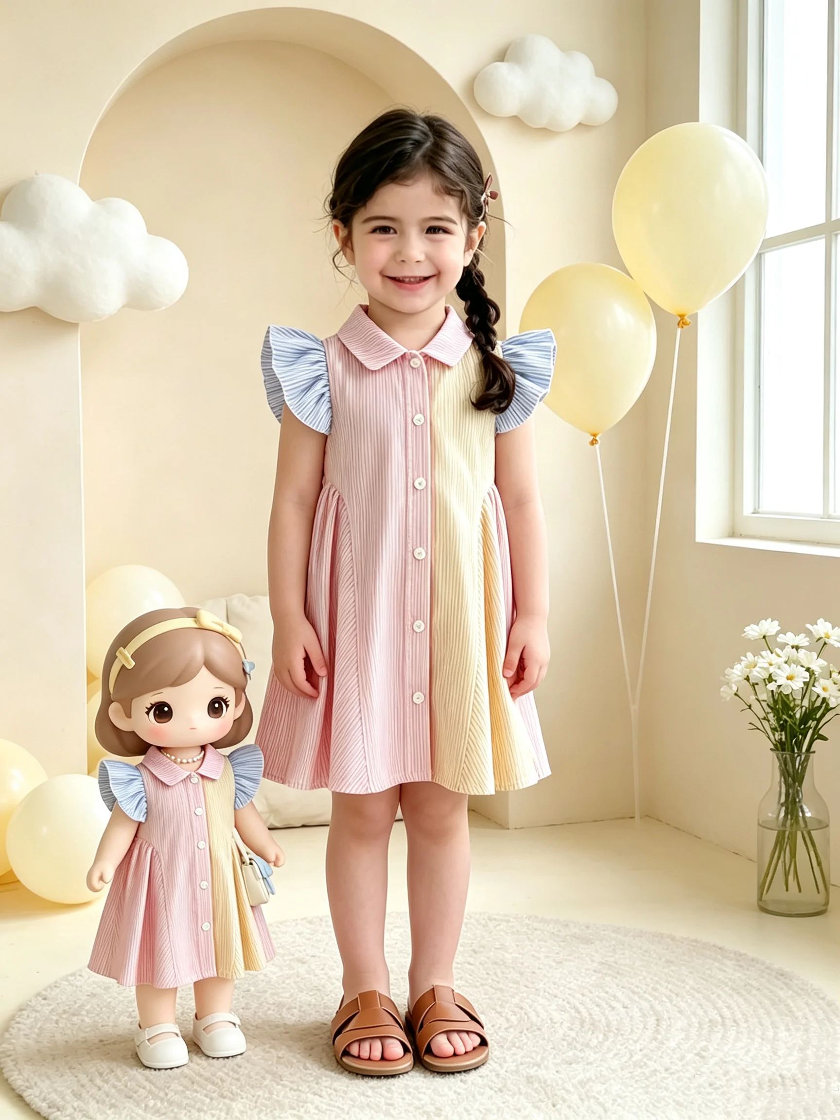 Kids Striped Color-Block Dress Baby Collar Sleeveless Ruffle Edge Single-Breasted Knee-Length Dress for Girls