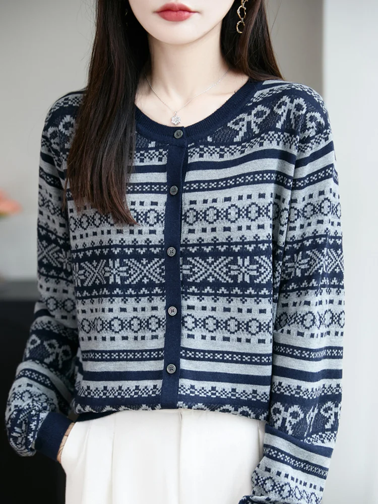 

Retro 2025 Knitted Casual round Ne Sweater Women's Faion Versatile Top High-End Feel Loose Fit Long Sve Coat