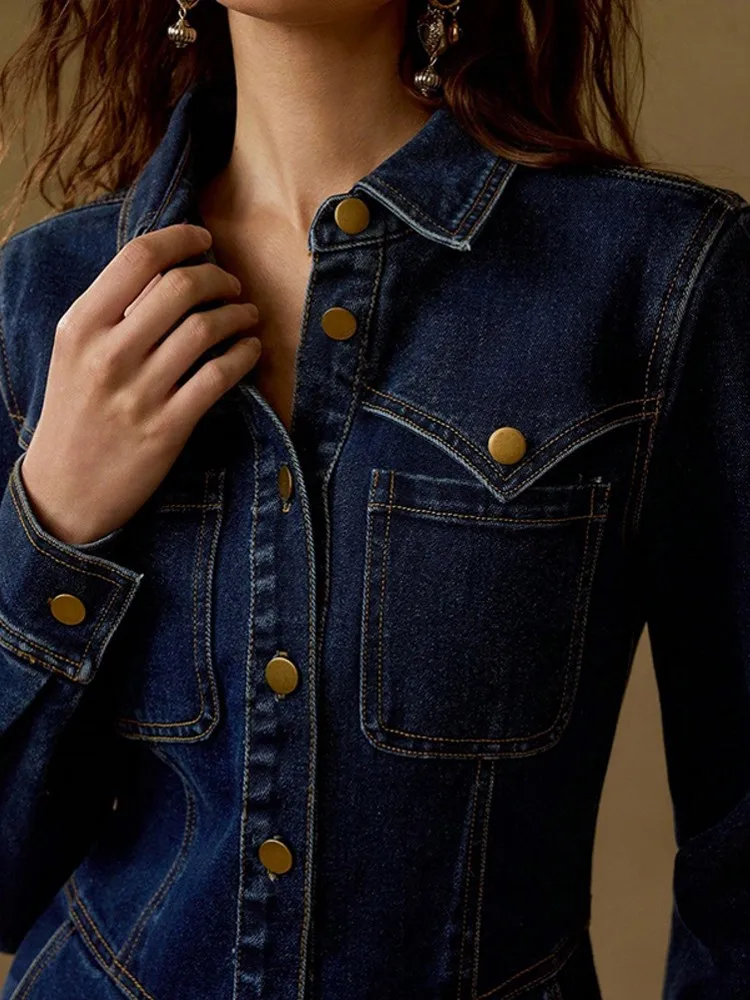 2026 ربيع الخريف موضة الدنيم فساتين الحفلات الرجعية المرأة مثير واحدة الصدر التلبيب قميص فستان عادية كم طويل بوهو فستان #4