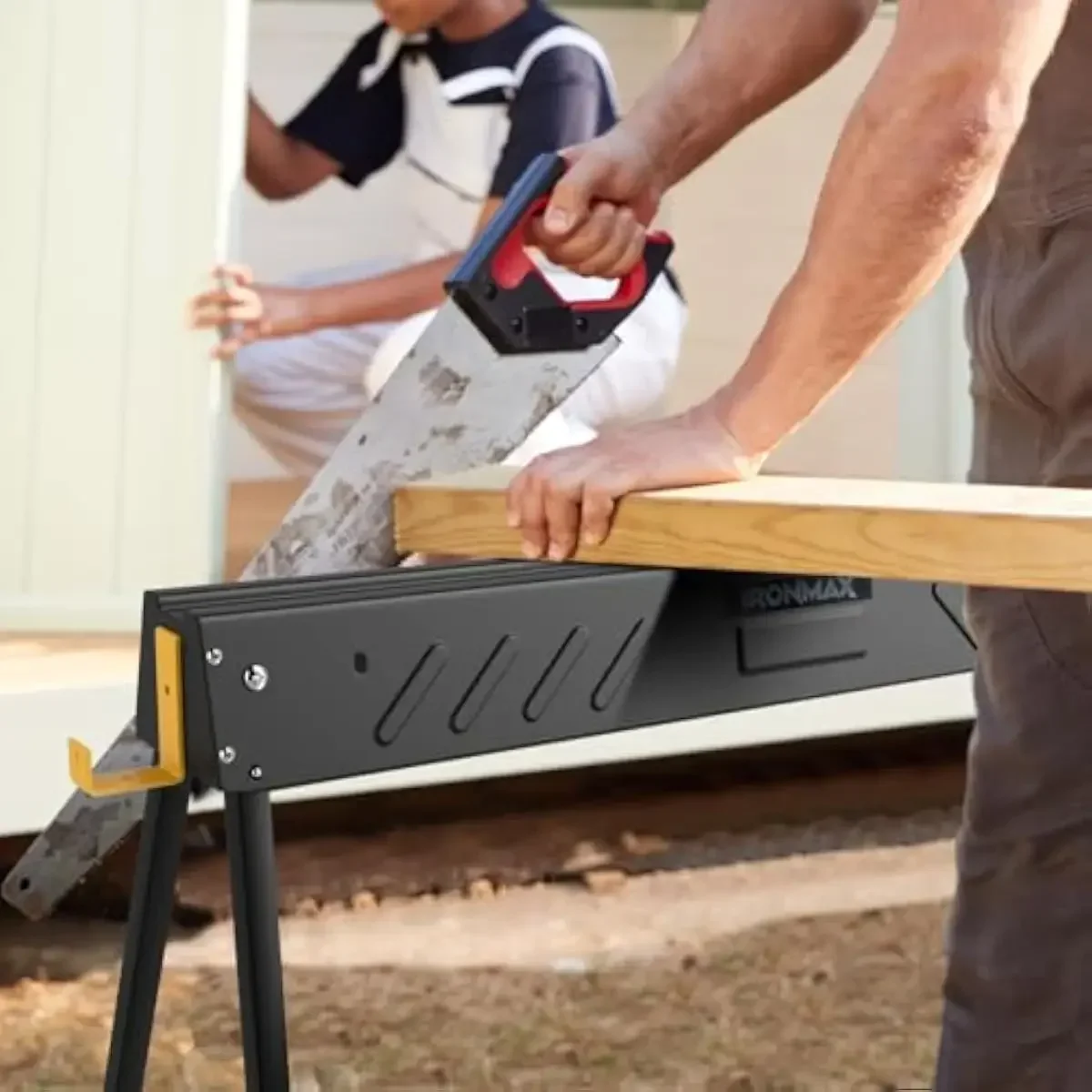 Folding Sawhorse Pair Heavy-Duty Steel Frame 2200 LBS Total Load Capacity Quick-Deploy Collapsible Design with Triangular Stabil