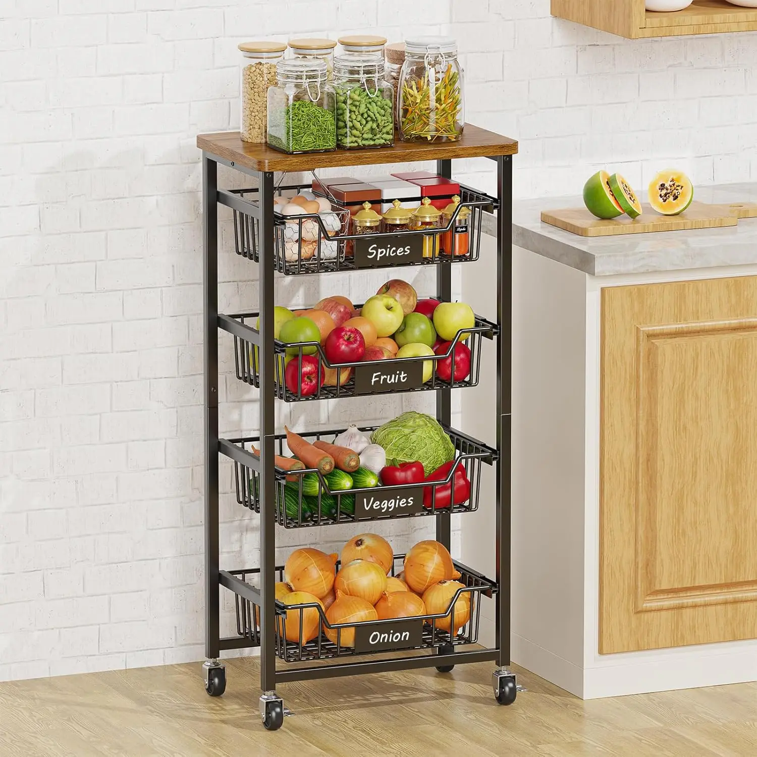 

5-Tier Rolling Kitchen Cart with Pull-Out Baskets and Wood Top for Storage in Kitchen, Pantry, or Dining Room