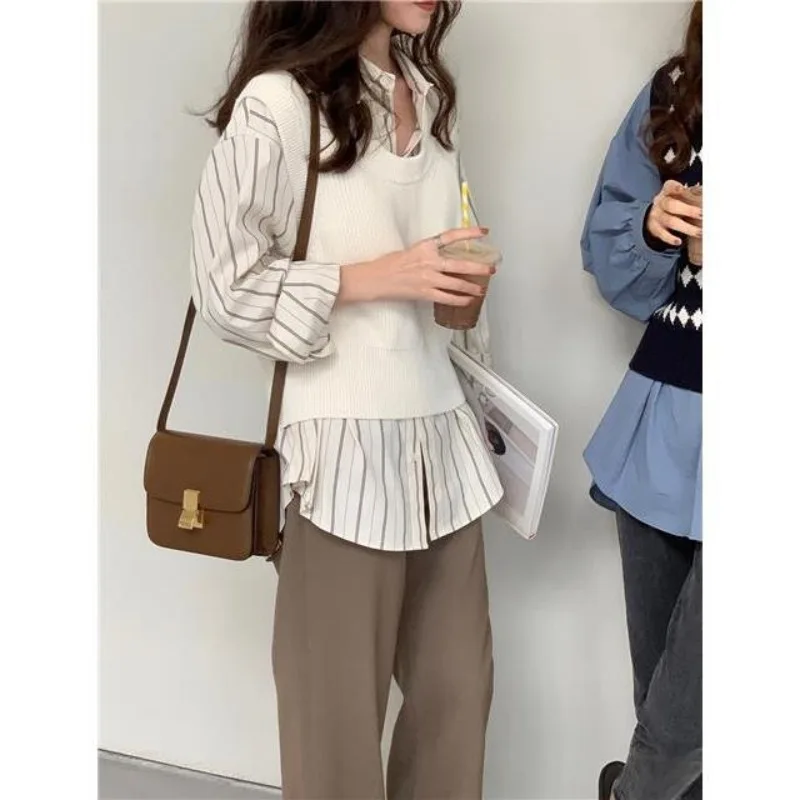 Vertical Striped Women\'s Spring and Autumn 2024 Patchwork POLO Collar Button Pocket Fashion Elegant Loose Long Sleeved Shirts