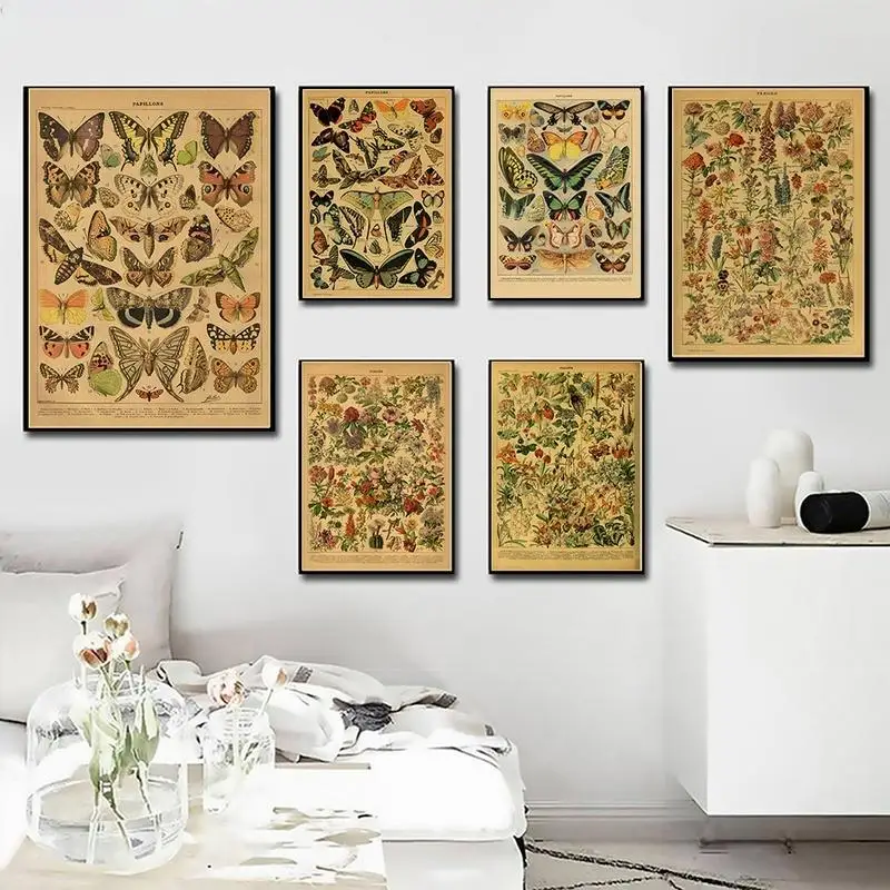 1pc Frameless Botanical Art Prints Mushroom Retro Poster Animal/Flower/Plant/Leaf/Butterfly Study Painting Vintage Study Room Ho