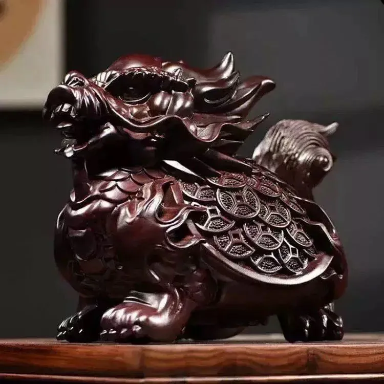 Ebony Carving Dragon Turtle Ornament Solid Wood Coin Dragon Head Turtle Body Handicraft Home Living Room Decoration