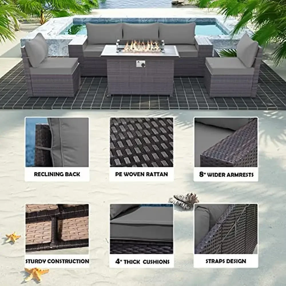 7-Piece Outdoor Patio Furniture Set with Gas Fire Pit Table Sectional Sofa 55,000 BTU Propane Fire Pit Enjoy Safe & Reliable