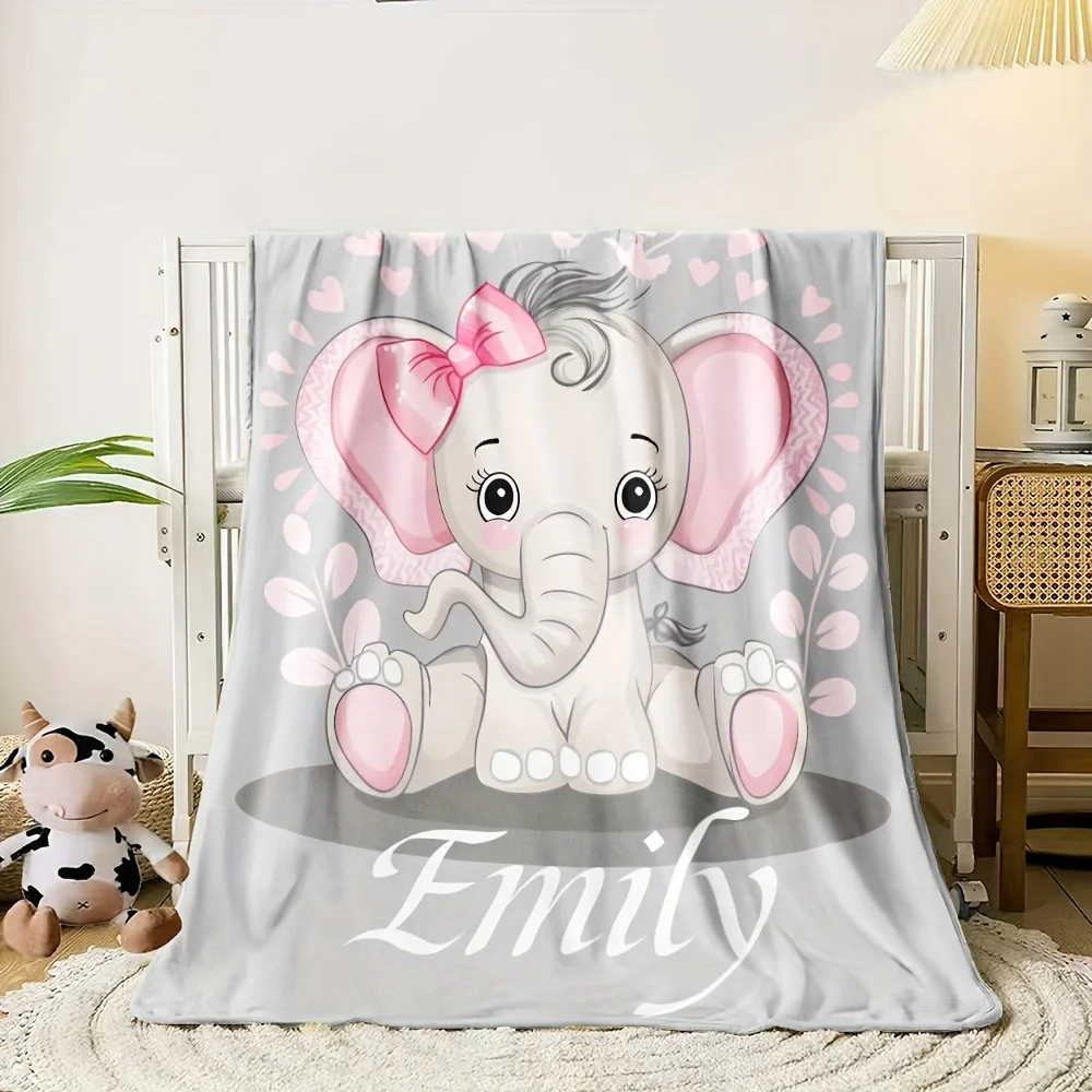 Cute Personalized Baby Elephant Name Blanket Plush Throw for Girls Nursery Decor Gift Keepsake Shower Bedding