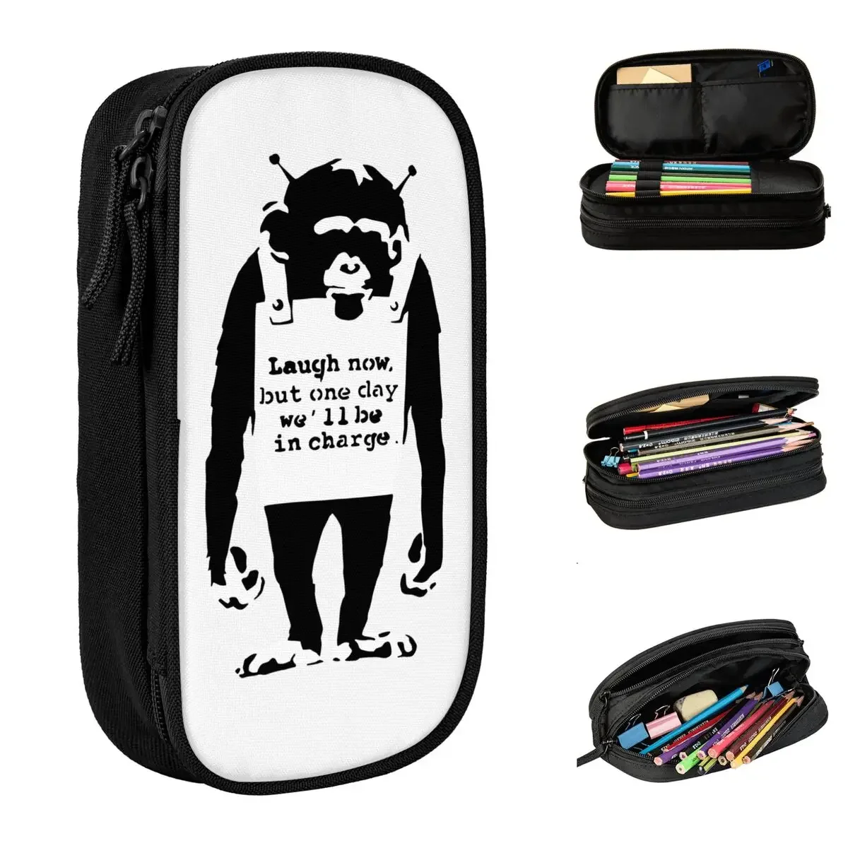 

Banksy Monkey Laugh Now But One Day We'll Be In Charge Pencil Case Pencilcases Pen Kids Large Storage Bag Office Stationery