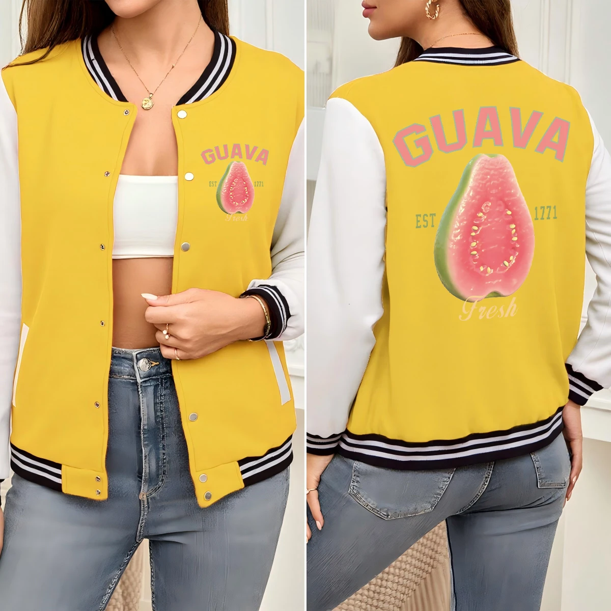 

Fresh Guava Fruit Printing Baseball Uniform Woman Colorful Loose Clothes Cotton Autumn Jacket American Hip Hop Streetwear