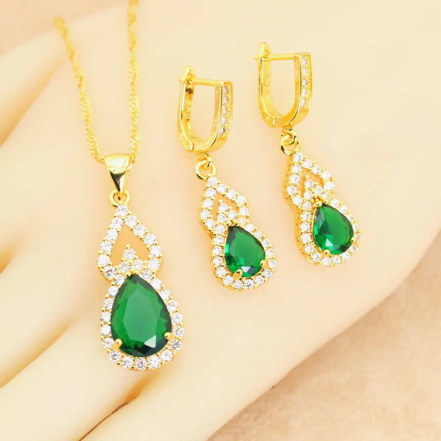 18k Gold Plated Bridal Jewelry Sets for Women Water Drop Green Crystal Earrings Necklace Pendant Open Ring Wedding Gift