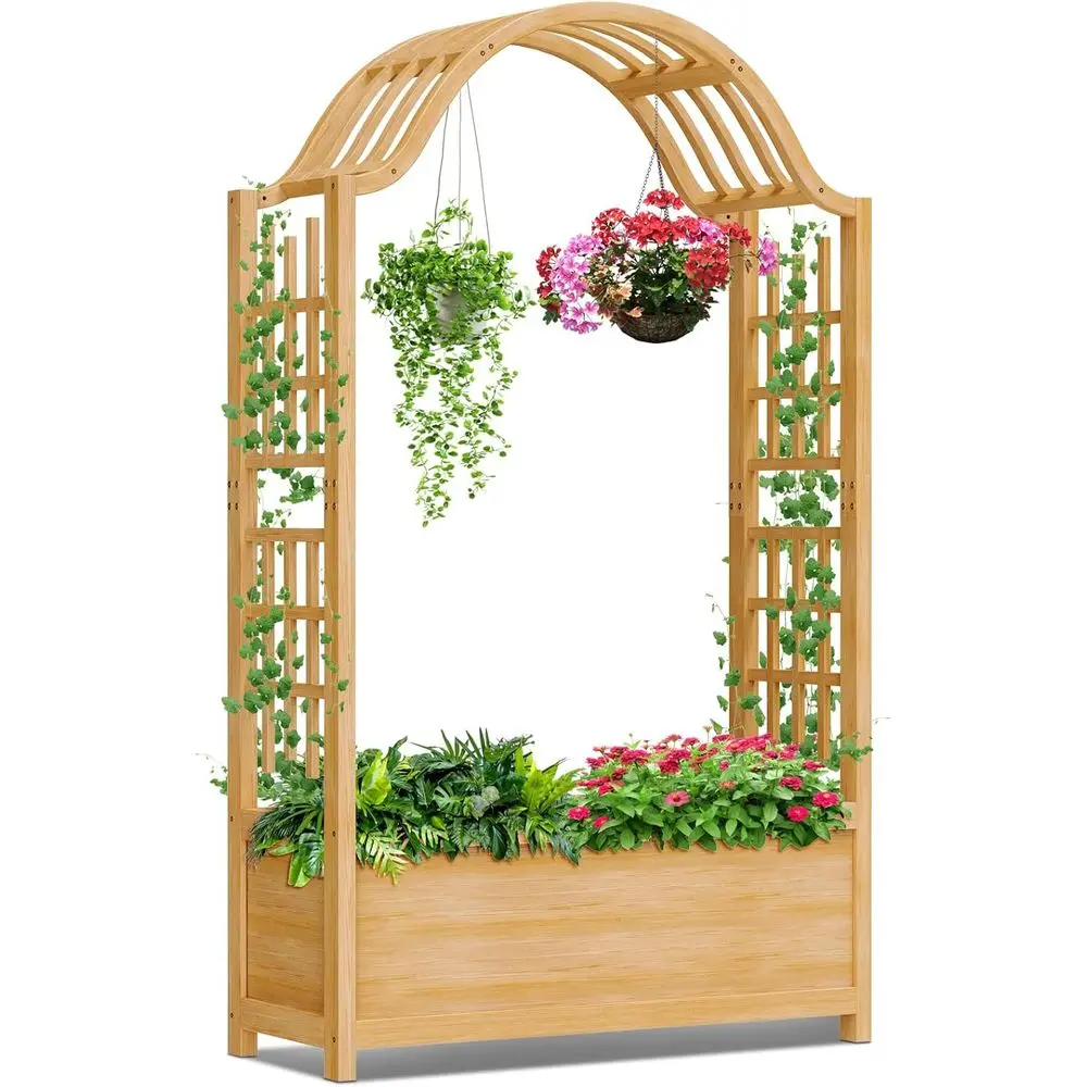 

Высокий деревянный ящик-кашпо с арочной решеткой для садоводства на открытом воздухе и выращивания вьющихся растений