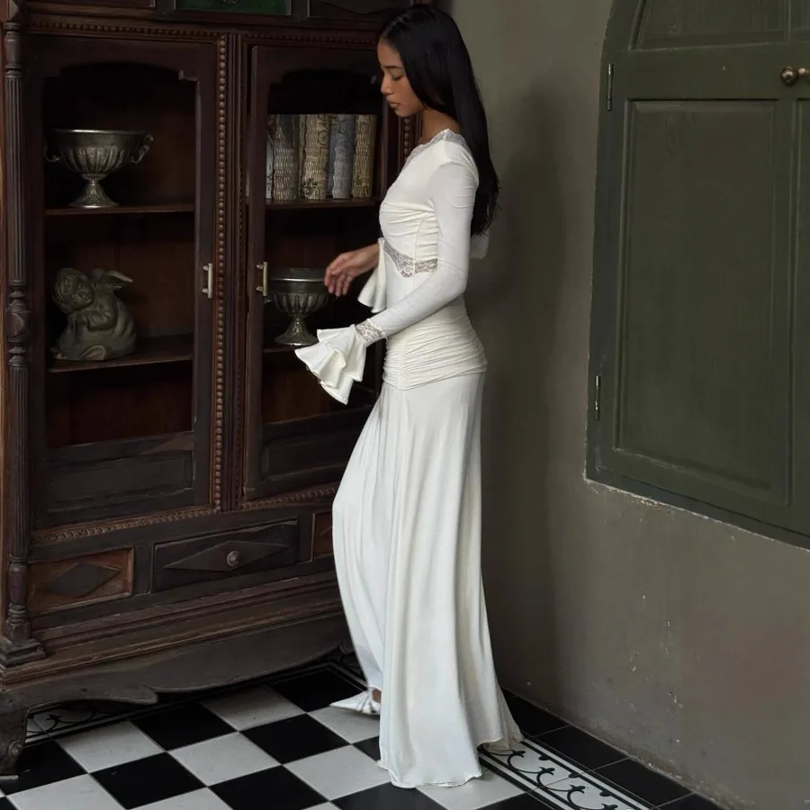 Vestidos largos de fiesta con cuello en V para mujer, vestido veraniego de encaje con manga acampanada, encaje blanco para boda, verano 2025, Sexy hasta el suelo, Vestidos Largos