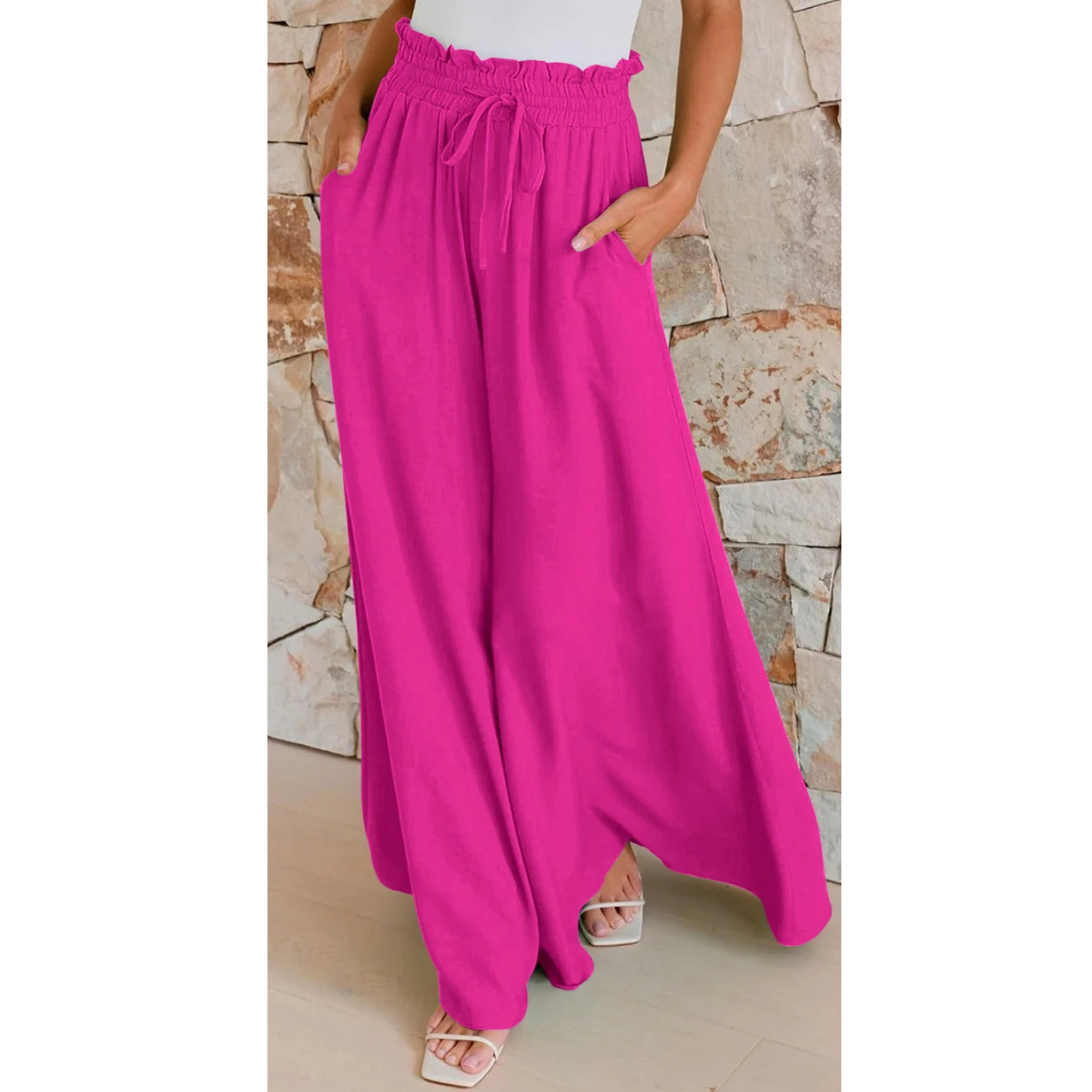 Women Wide Leg Pants with Pockets High Waist Casual Adjustable Drawstring Sweatpants  Casual Pants Flowy Trousers AM7032