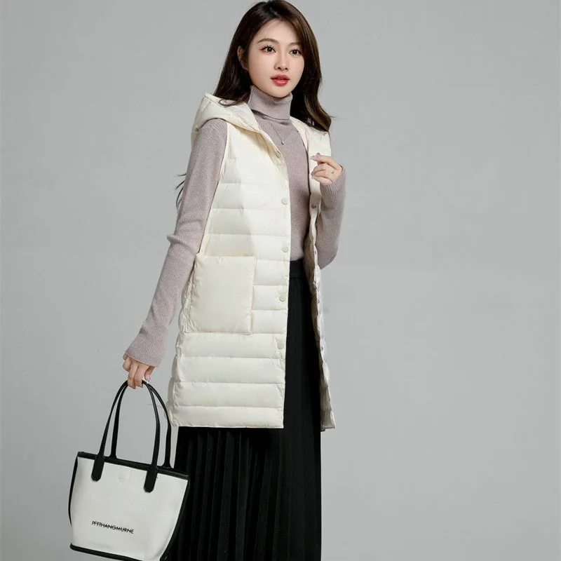 Hooded Down Waistcoat Parkas Autumn Winter Women Warm Ultra Light White Duck Down Vest Coat Female Bigsize Sleeveless Long Tank